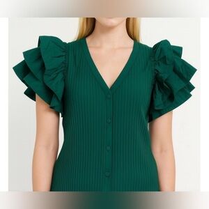 Marc New York Women’s Green Pleated Blouse with Ruffle Sleeves- S– New with Tags